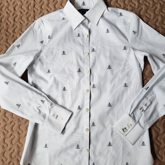Lands' End Nautical Anchor Logo Non Iron Button Up White Striped Shirt - Picture 2 of 13